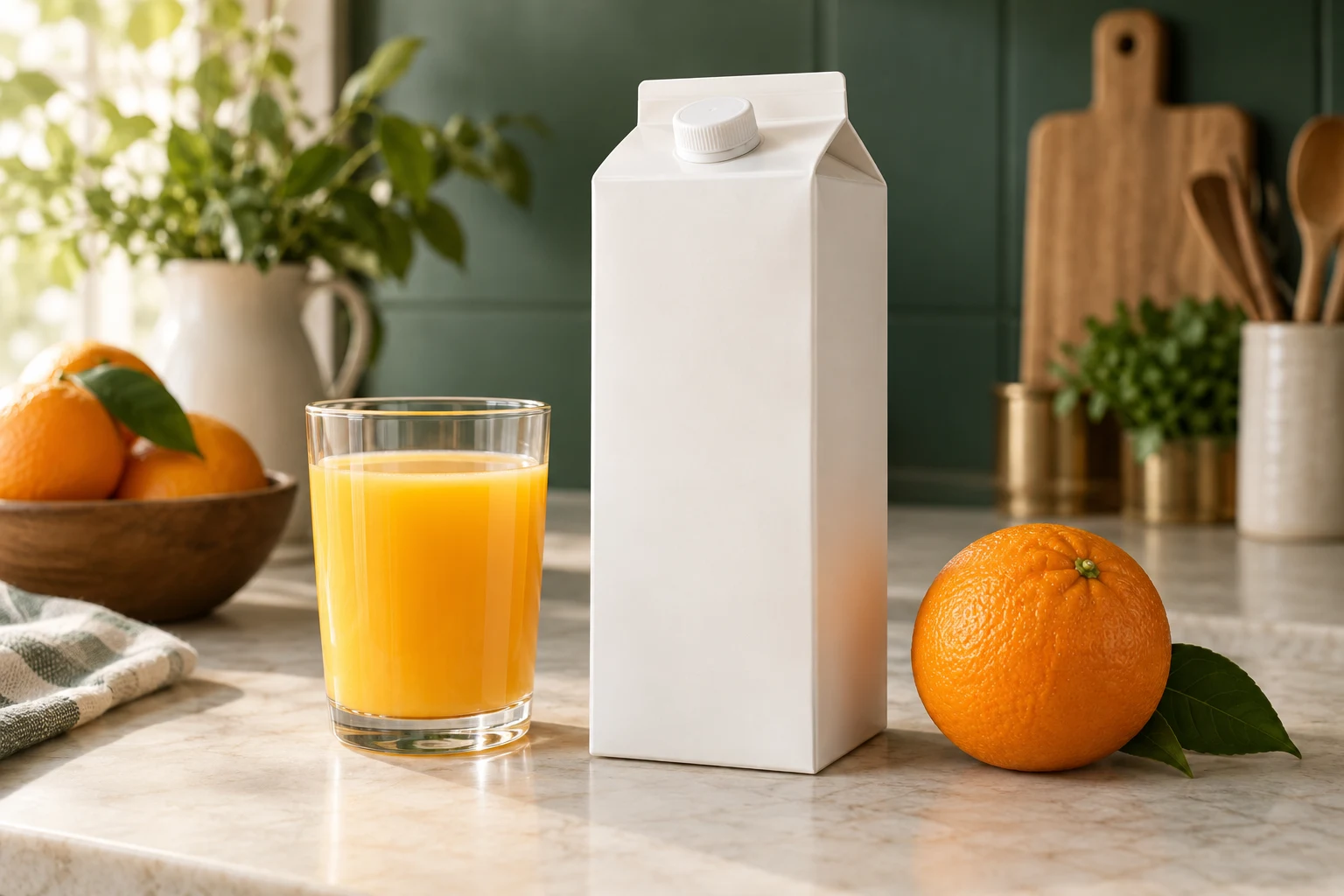 Plain fruit juice carton beside a glass of orange juice