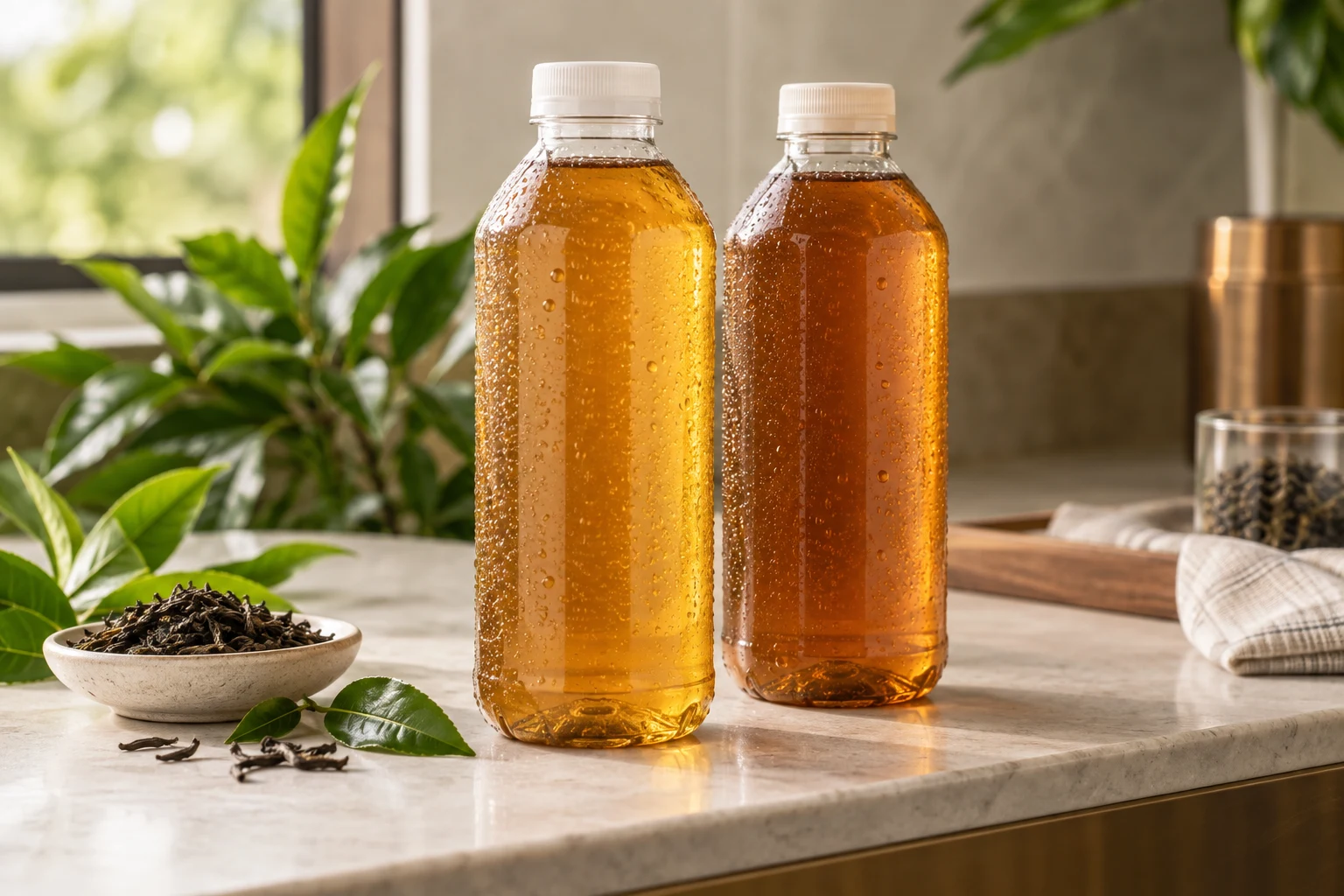 Unbranded ready-to-drink tea bottles on a clean counter