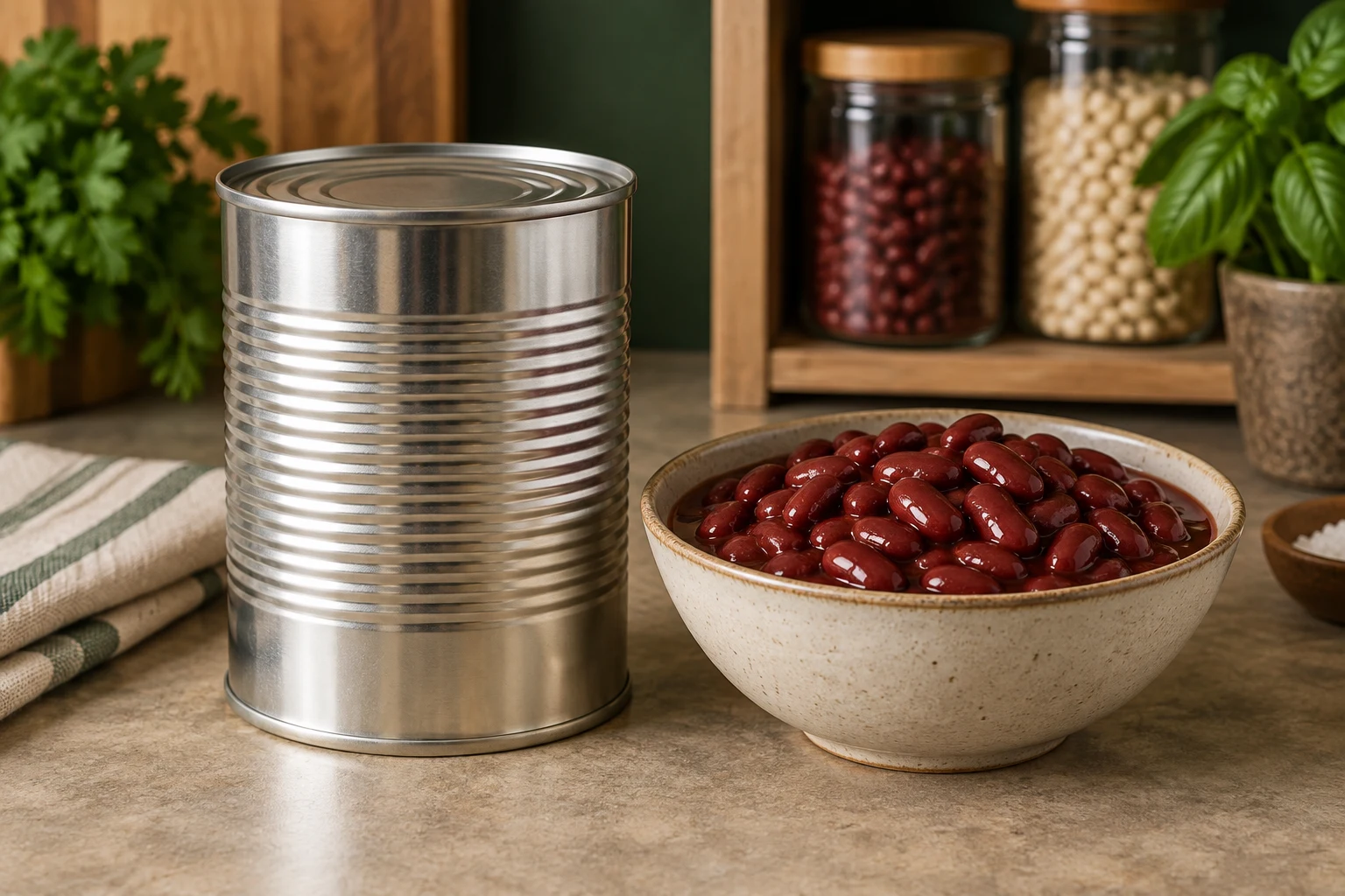 Unbranded canned beans beside a prepared bowl of beans