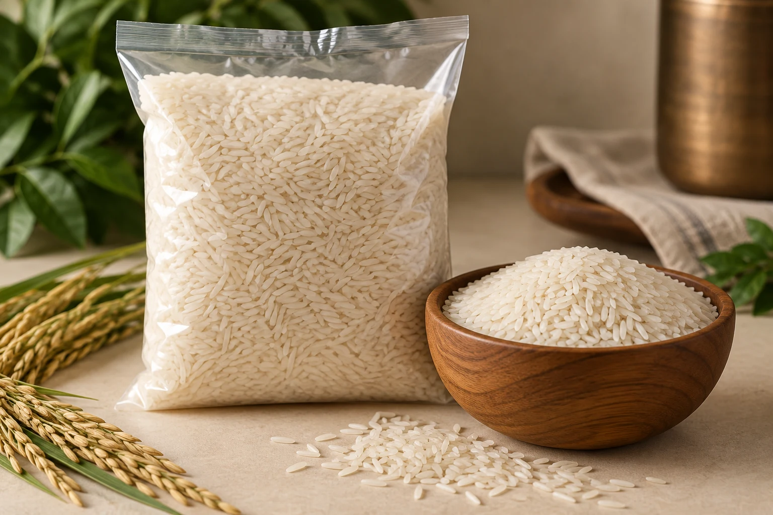 Long grain rice in an unbranded bag beside a grain bowl