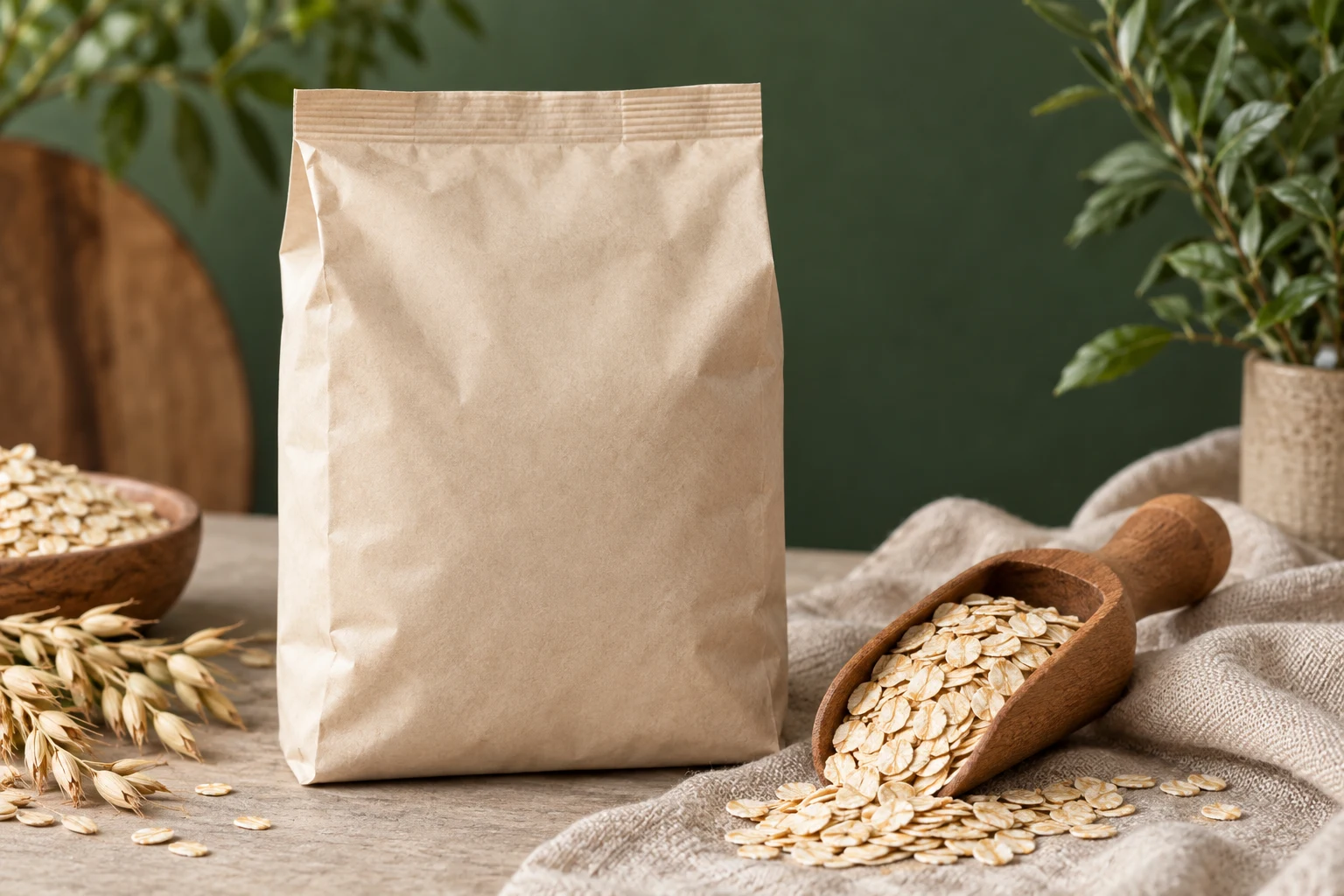 Rolled oats in plain food packaging beside a wooden scoop