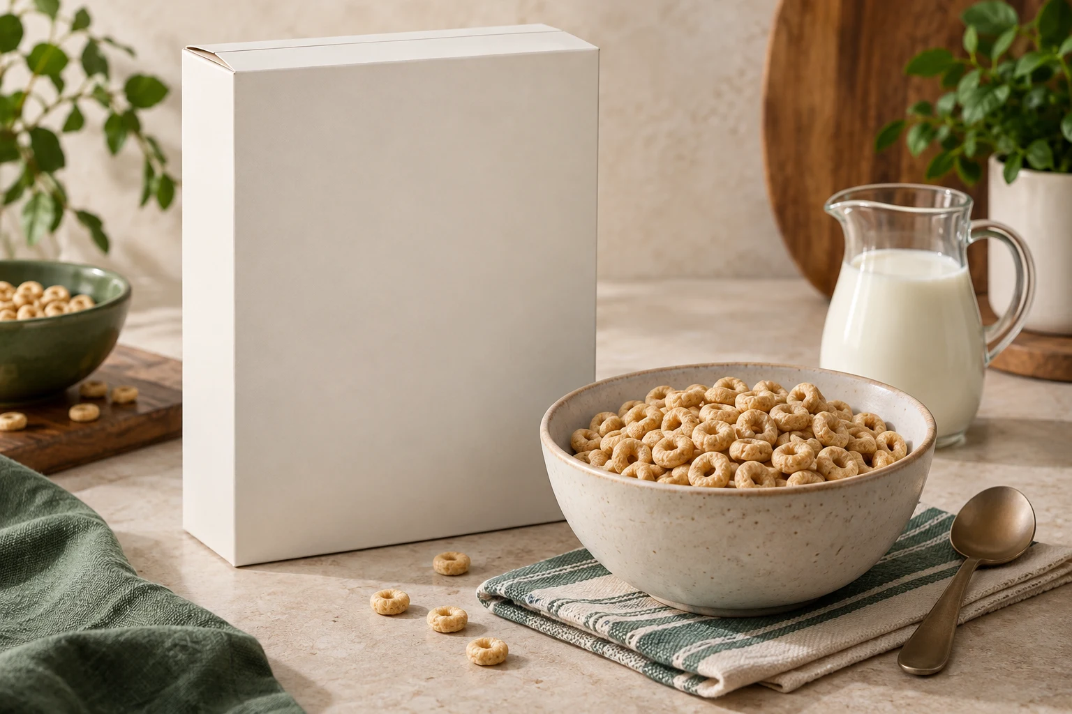 Breakfast cereal in a plain carton beside a bowl