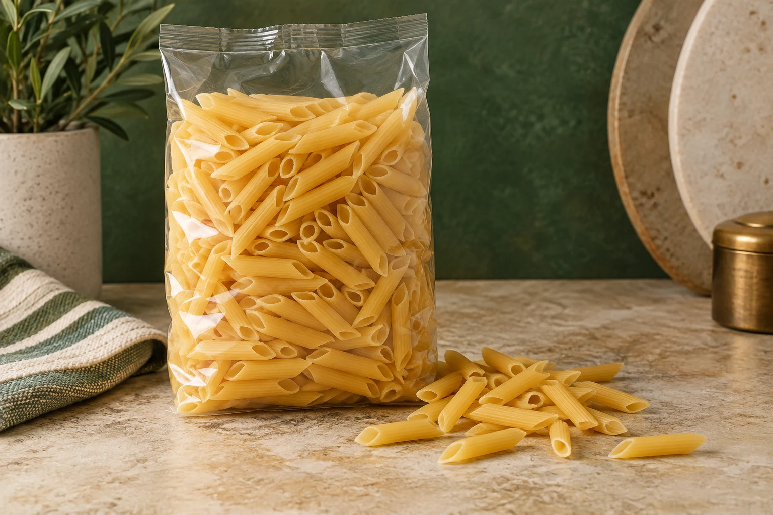Unbranded dried pasta in a clear pantry pack