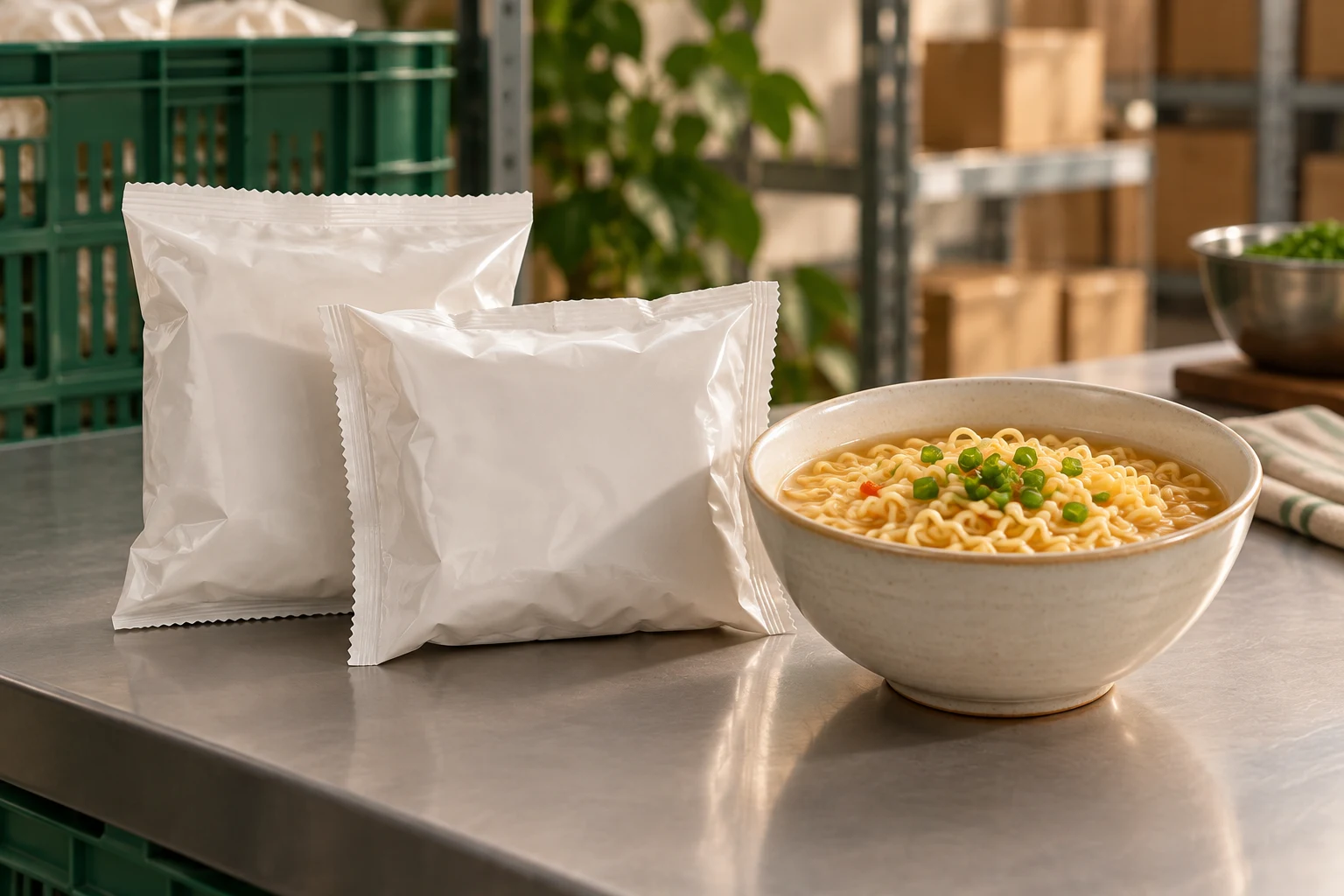 Plain wrapped instant noodle packs with a prepared serving