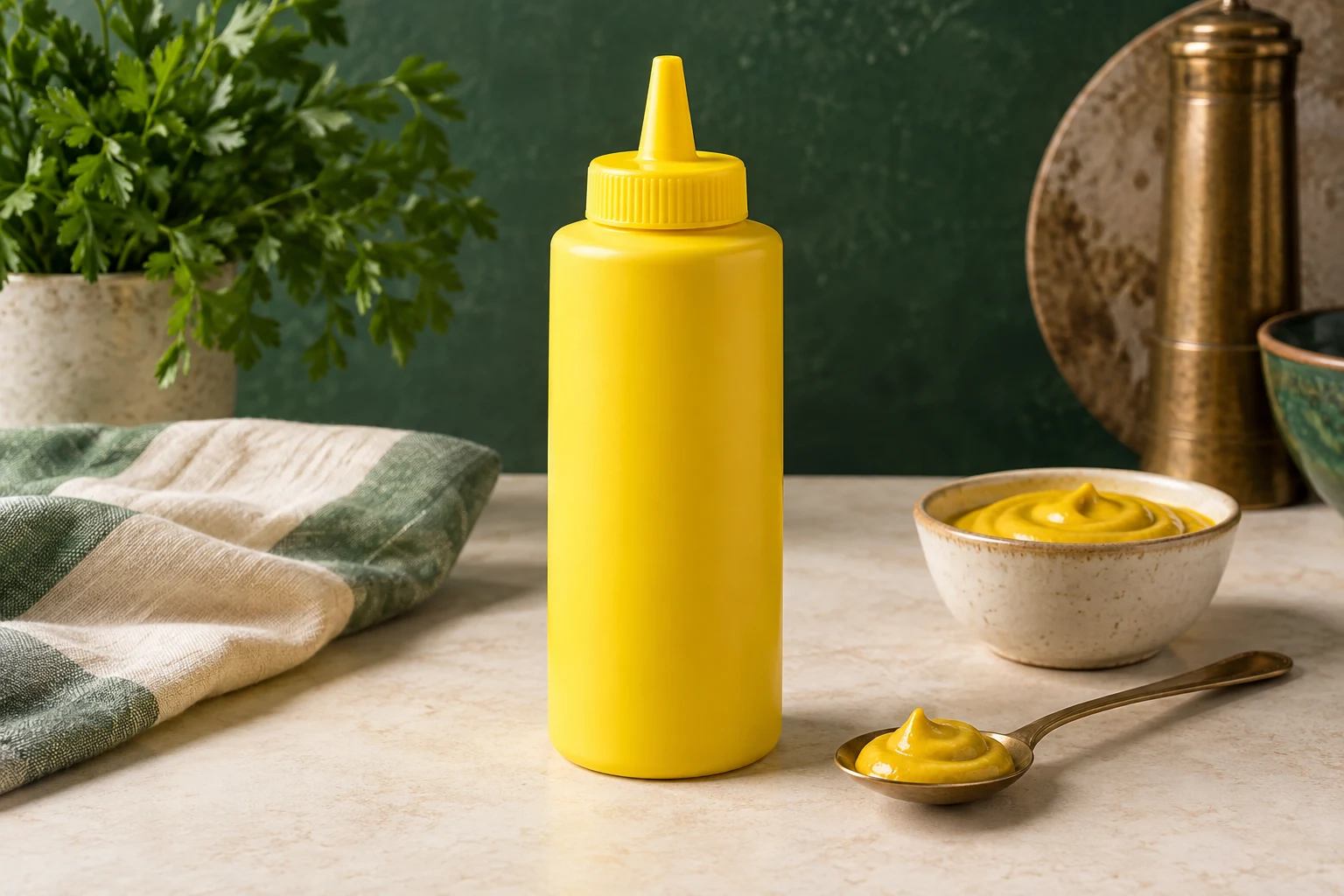 Unbranded yellow mustard bottle beside a serving spoon
