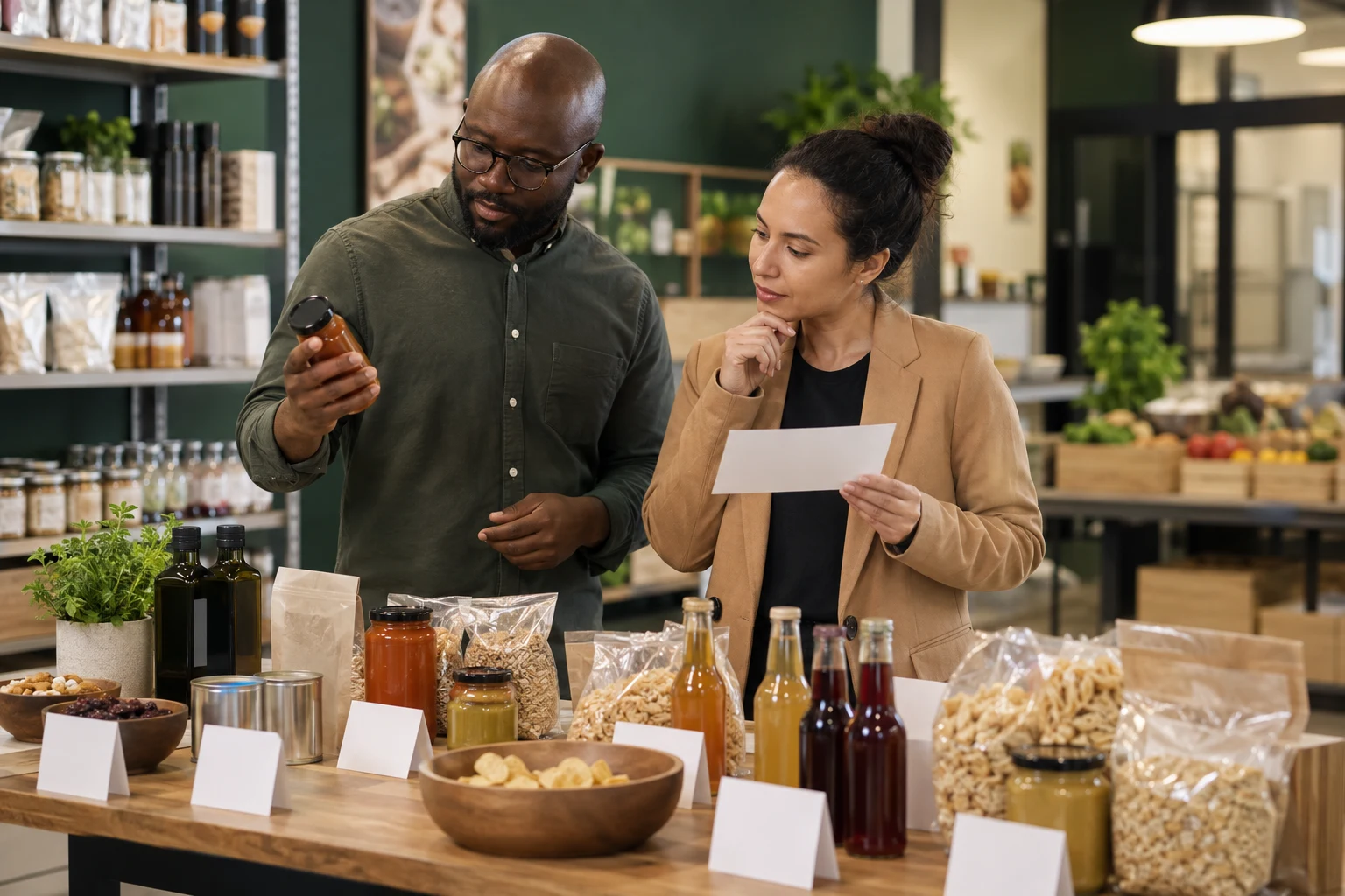 Food business professionals reviewing product portfolio development requirements