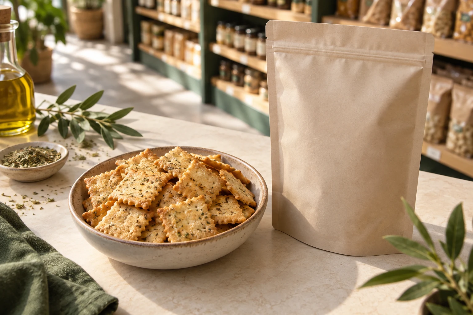 Baked savory crackers beside neutral retail packaging