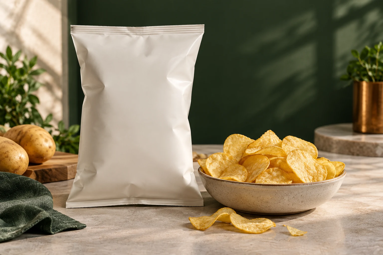 Plain potato crisp bag with crisps in a shallow bowl