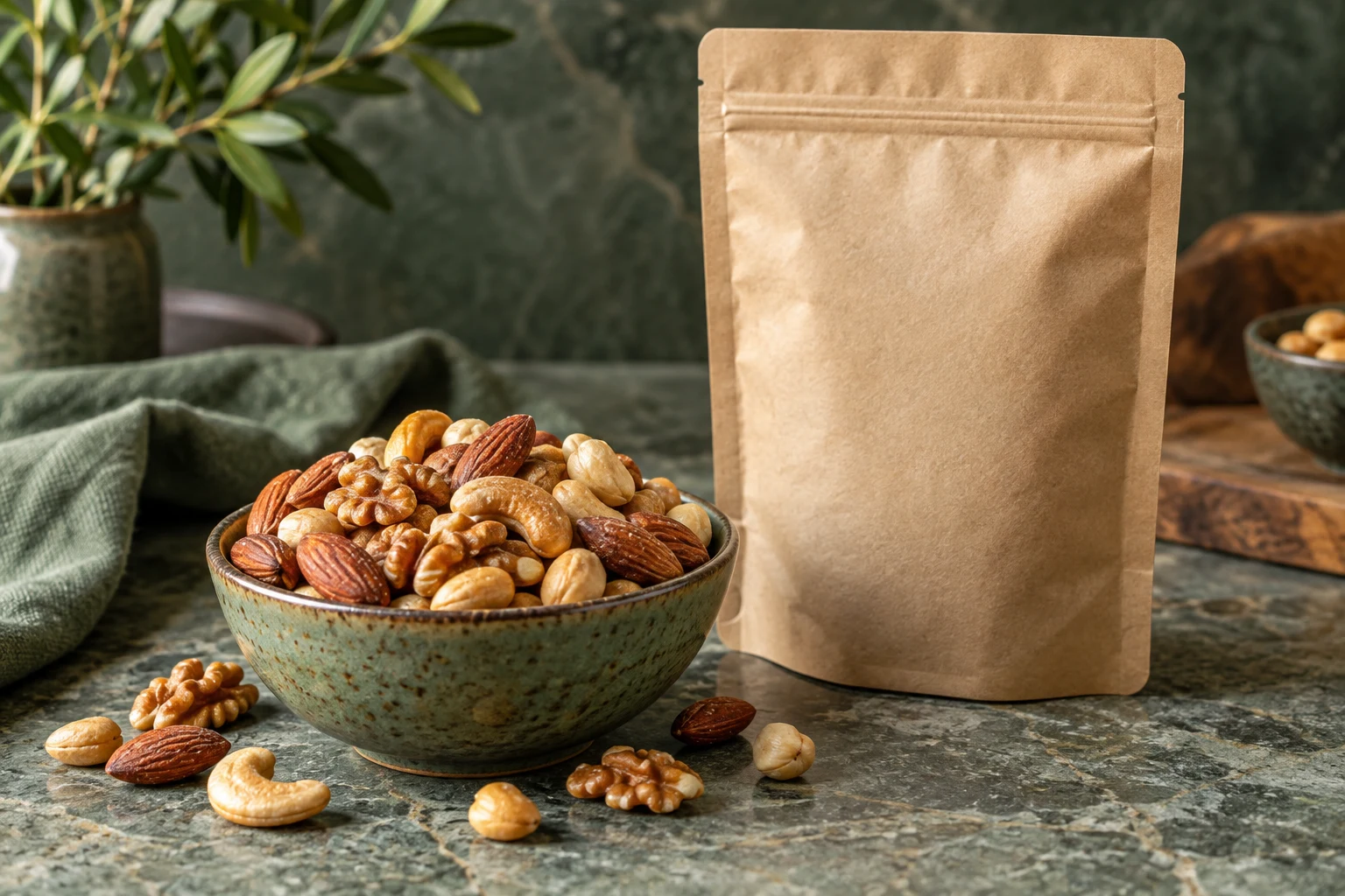 Roasted mixed nuts beside an unbranded resealable pouch