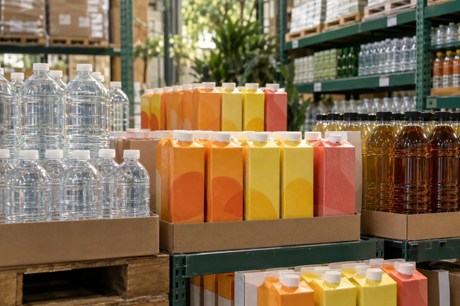 Unbranded bottled and cartoned drinks arranged for retail and foodservice