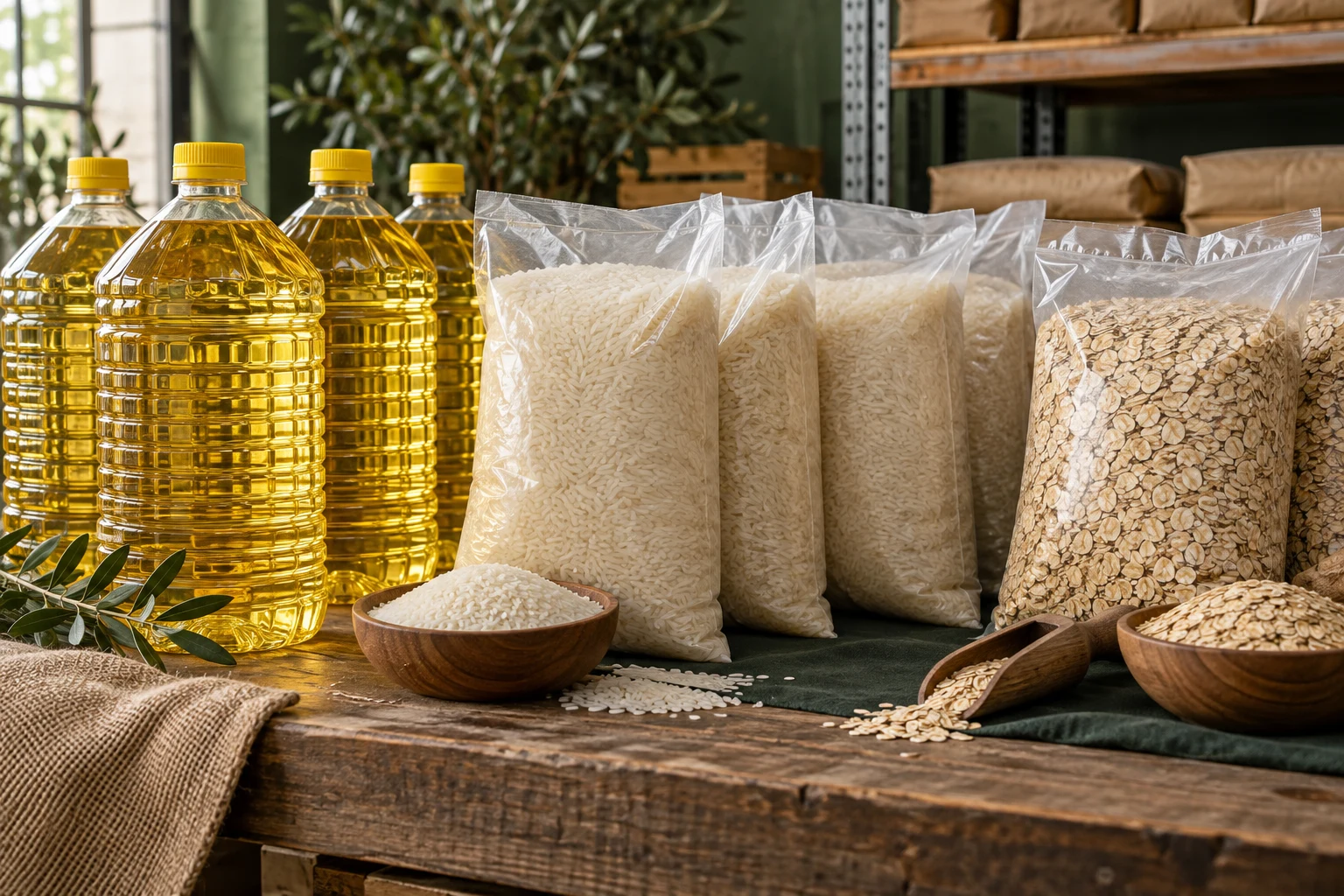 Cooking oil bottles and grain packs on a food supply display