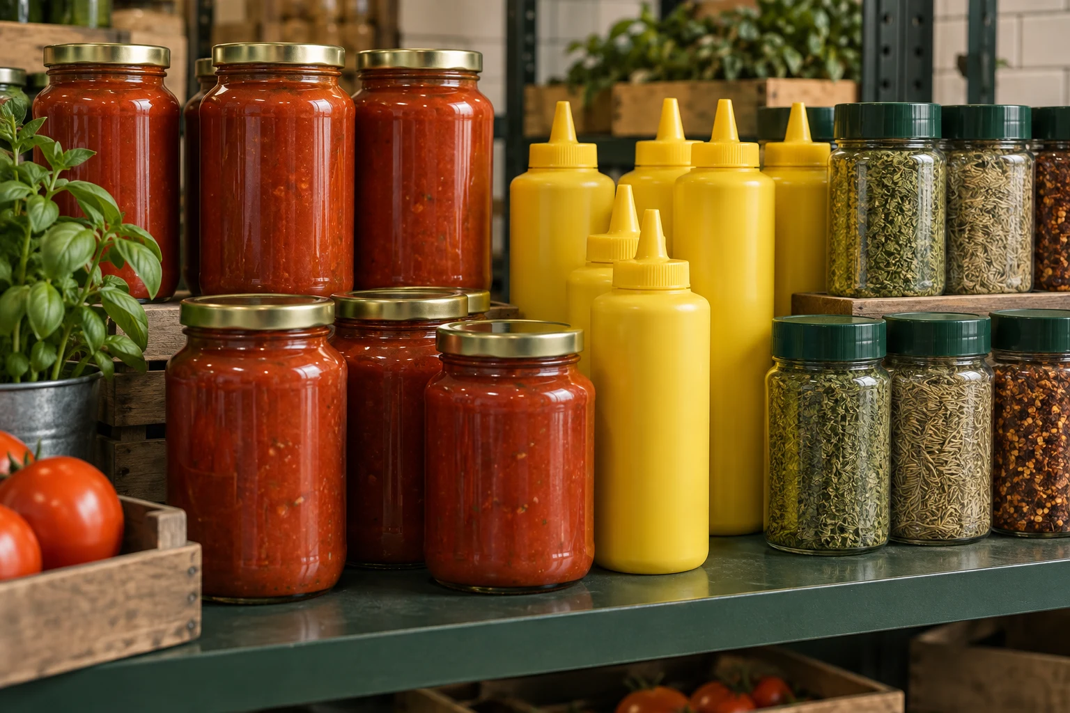Sauce bottles and condiment jars prepared for a food business review