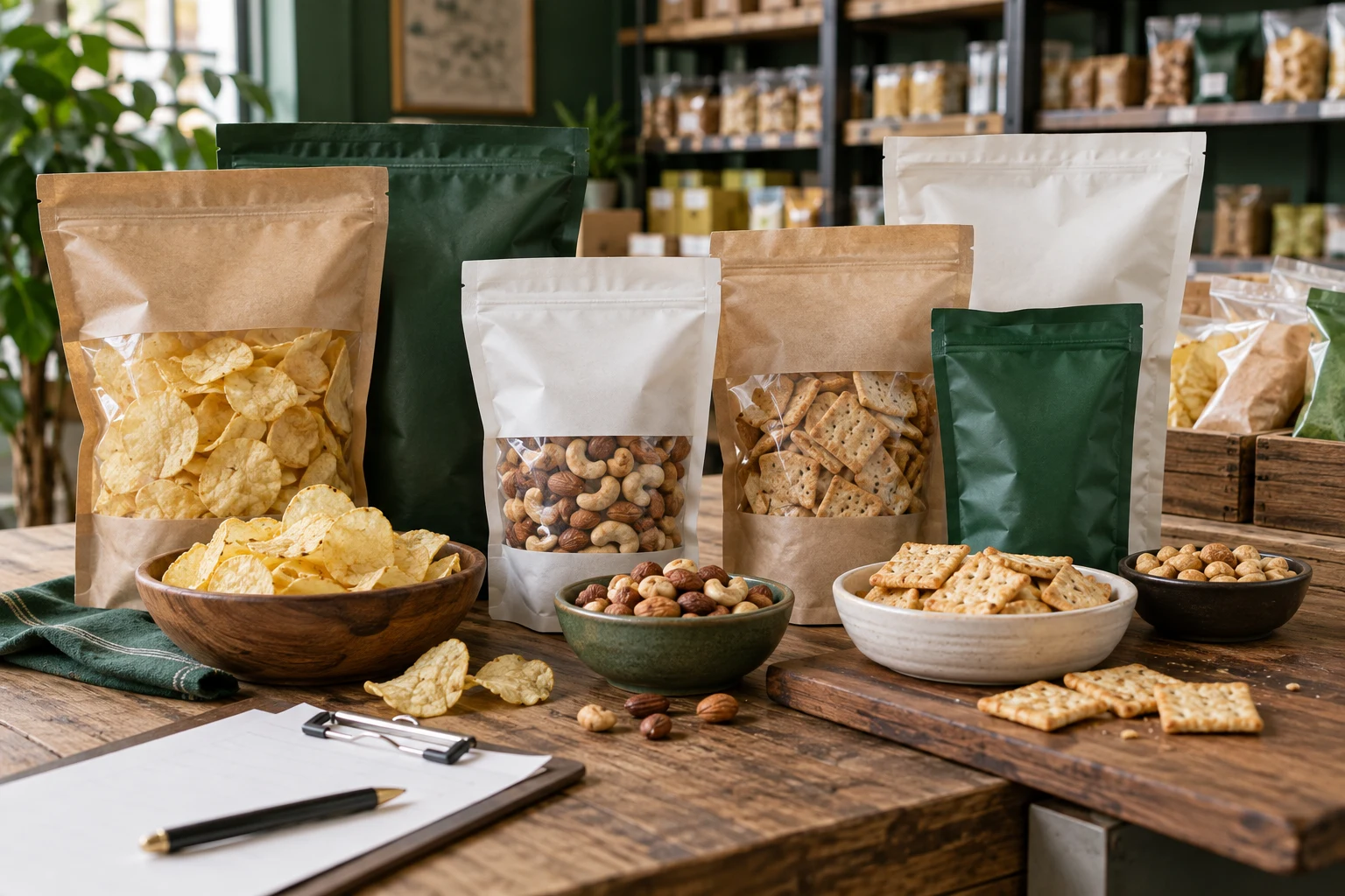 Unbranded snack packs arranged for a retail assortment review